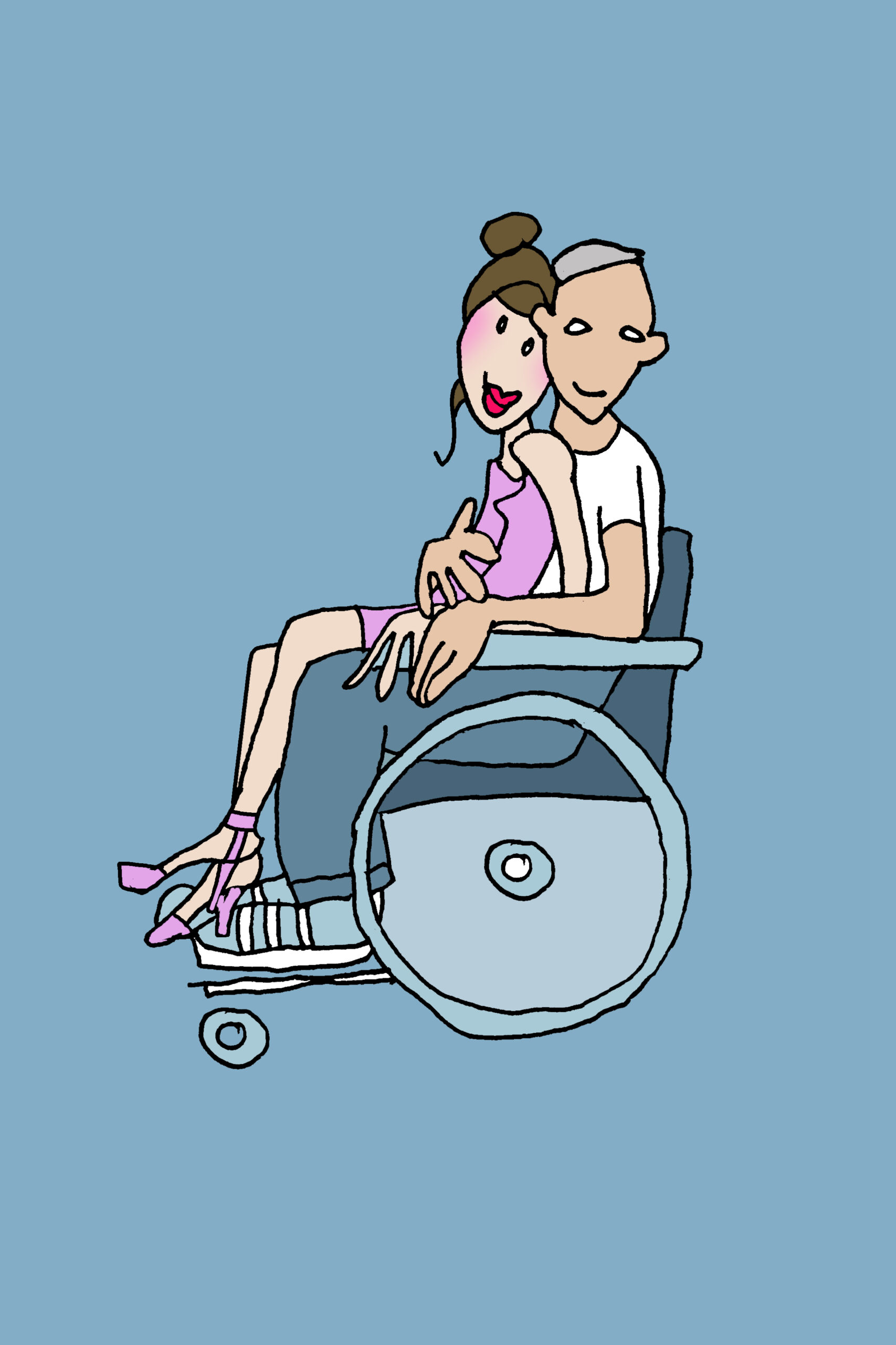 Illustration eines Mannes im Rollstuhl mit einer Sexarbeiterin auf seinem Schoss.