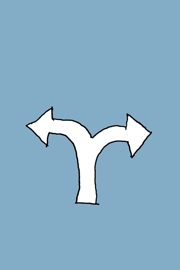 Illustration eines Wegweisers mit zwei Pfeilen nach links und rechts